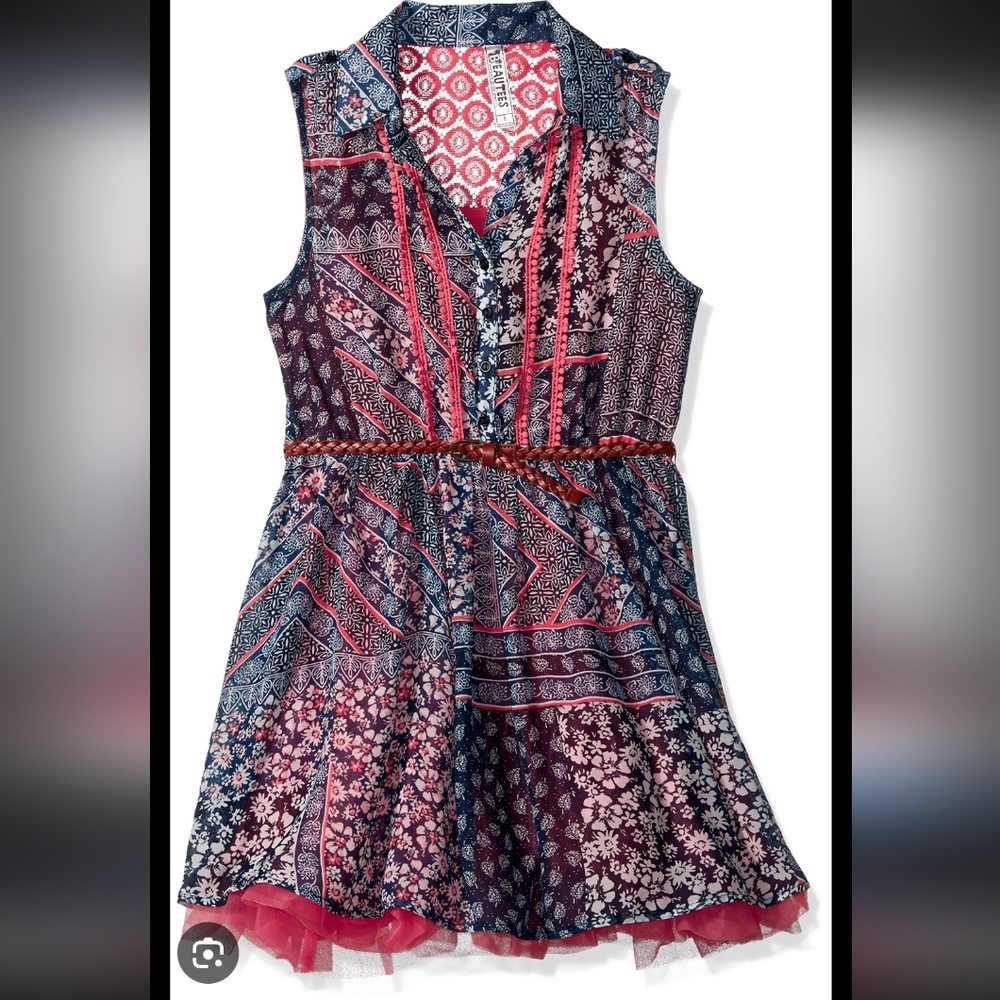 Like New Beautees Navy Patterned Sleeveless Patchwork Dress w Coral Lace 10